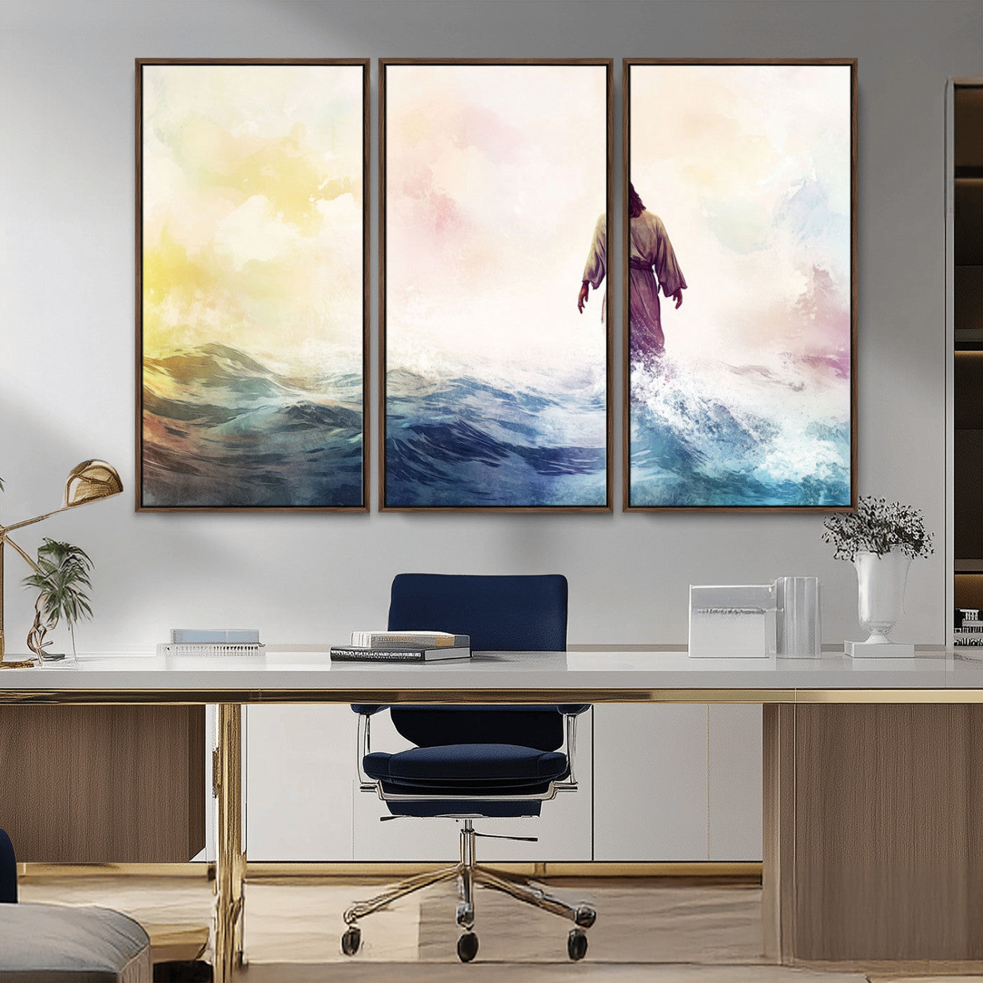 MGV-FC-48X32-3P - Watercolor Jesus Walking on Water Canvas Print, Christian Wall Art, Jesus Christ Walking