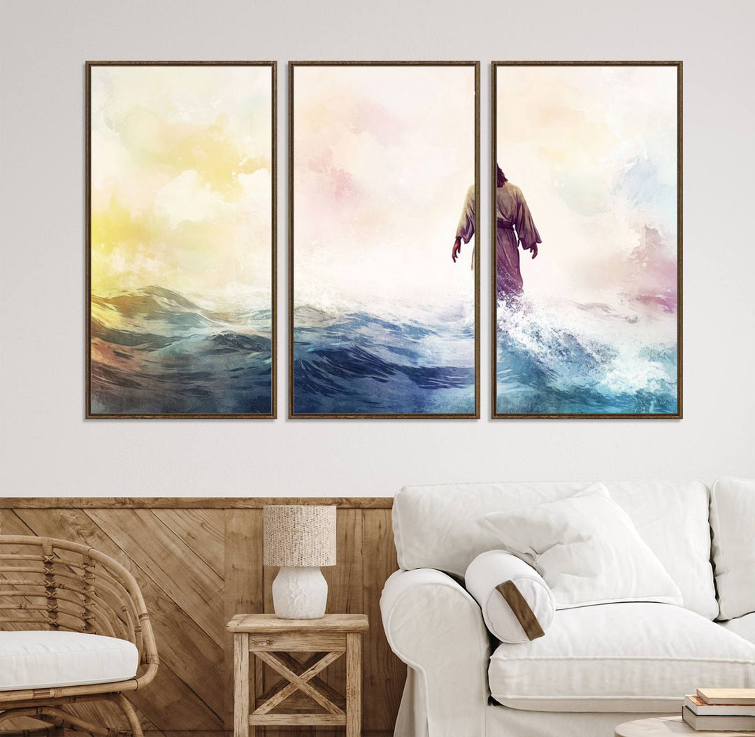 A robed figure strides on water in gentle waves, evoking the Watercolor Jesus Walking on Water canvas art.