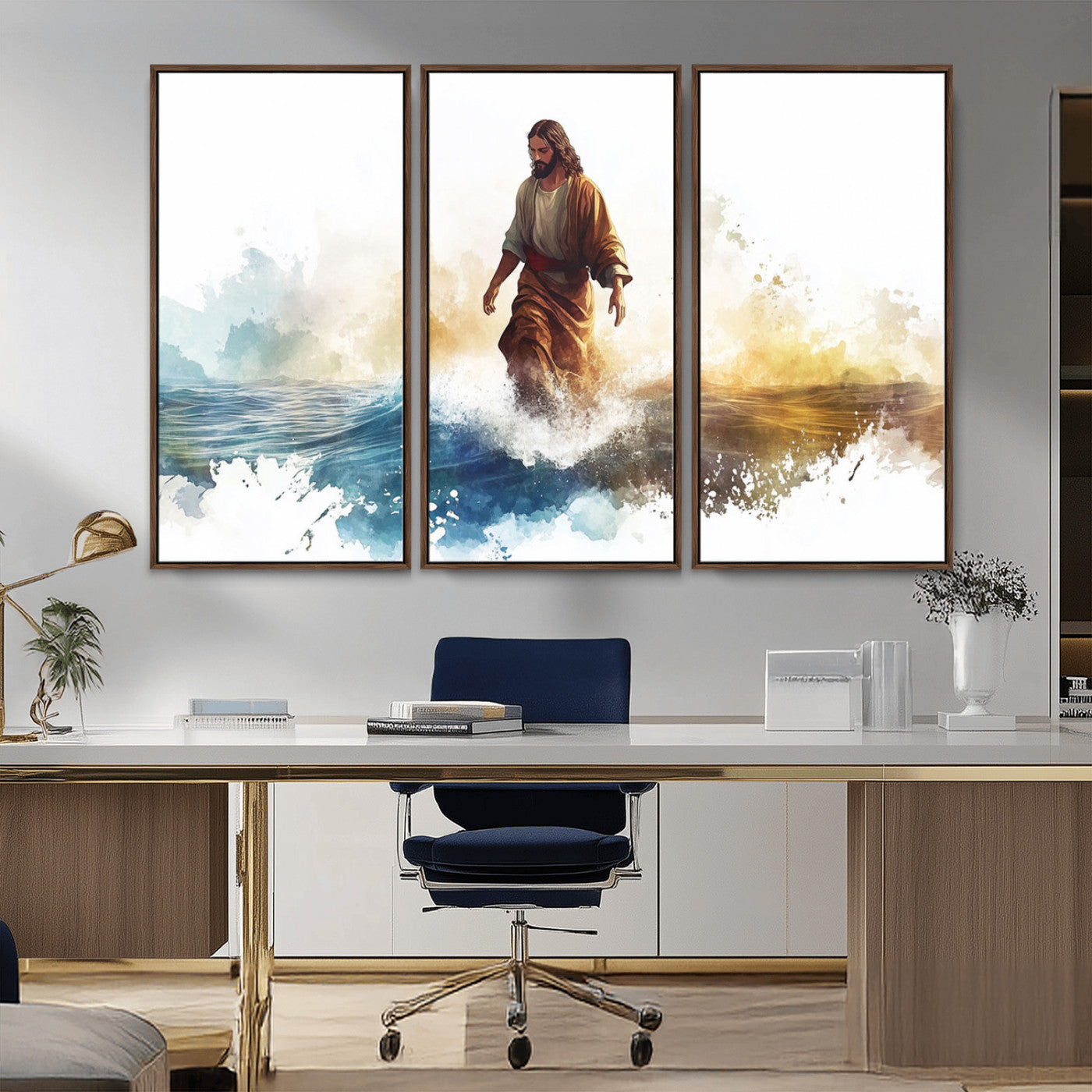 MGV-FC-48X32-3P - Watercolor Jesus Walking Wall Art Print, Jesus Water Canvas Print, Christian Wall Art, Jesus Christ