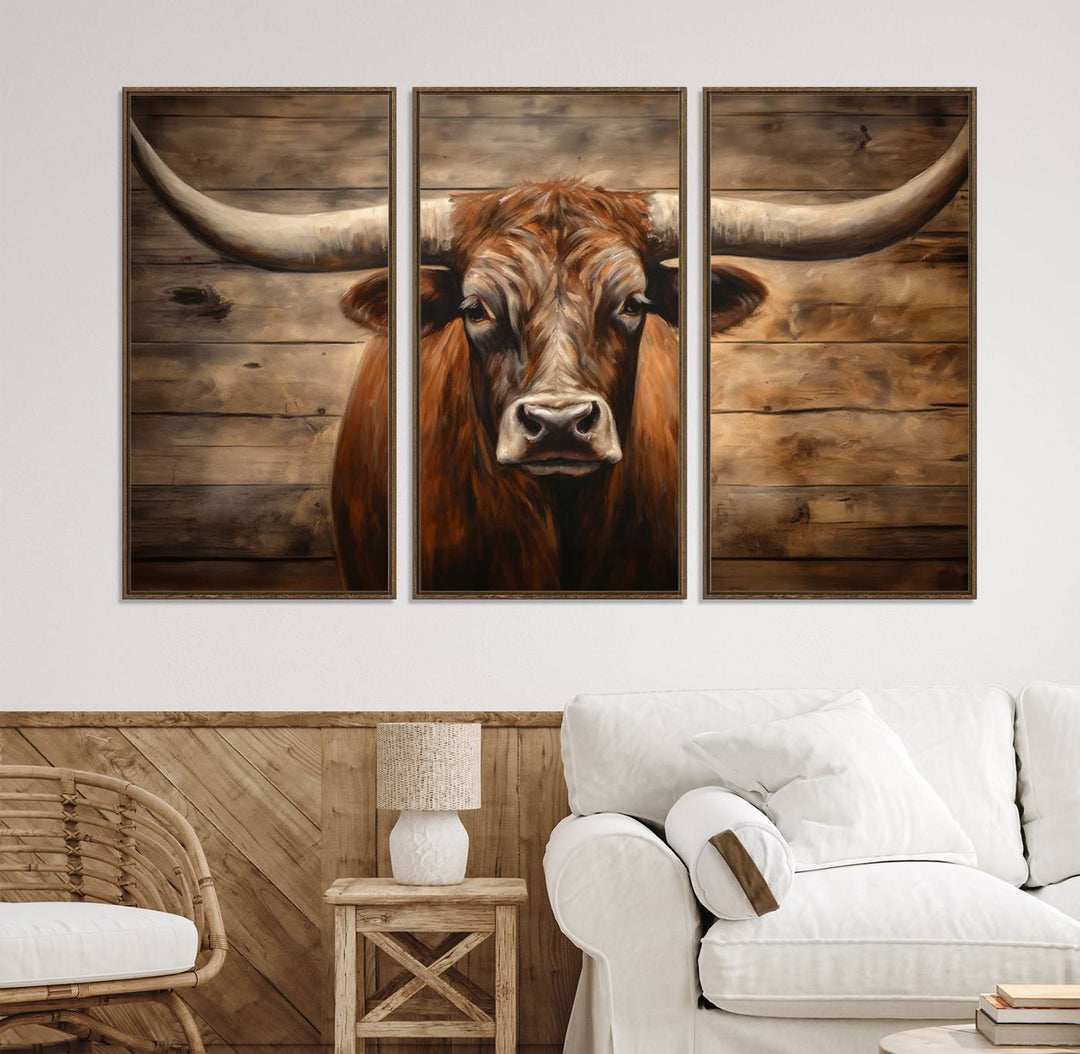 Longhorn Bull Canvas Print: Rustic Farmhouse Decor, Ready to Hang Western Barn Art.