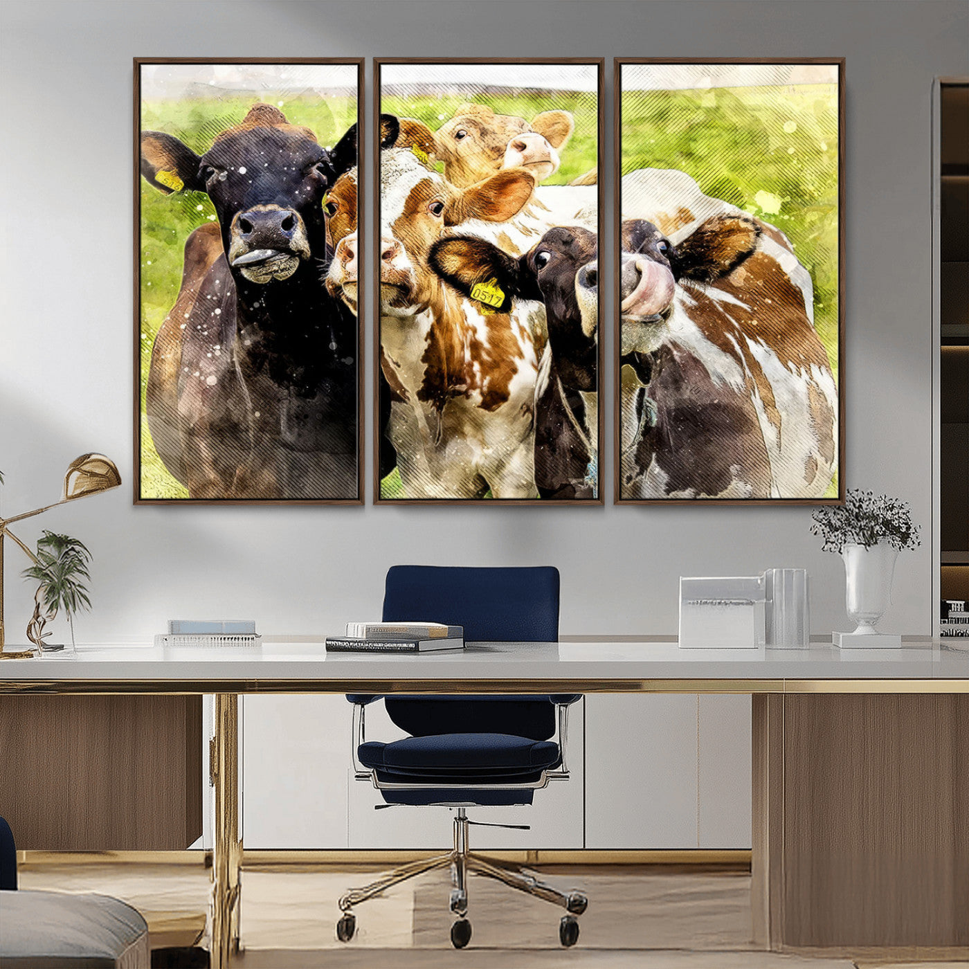 MGV-FC-48X32-3P - Curious Cows Farmhouse Wall Art | Ready to Hang and Framed Canvas Print | Rustic Farm Decor