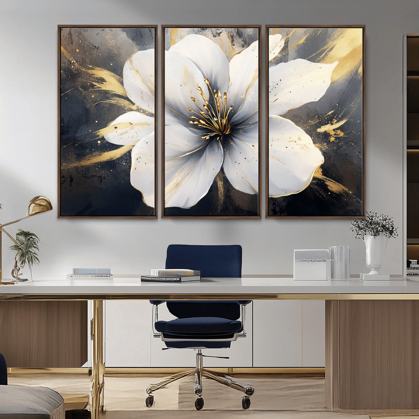 MGV-FC-48X32-3P - White Flower Wall Art Canvas Print | Ready to Hang | Abstract Floral Wall Decor | Elegant Bloom