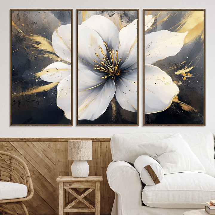 White Flower Wall Art | Canvas Print | Ready to Hang | Abstract Floral Wall Decor | Elegant Bloom Artwork | Framed for Living Room or Bedroom