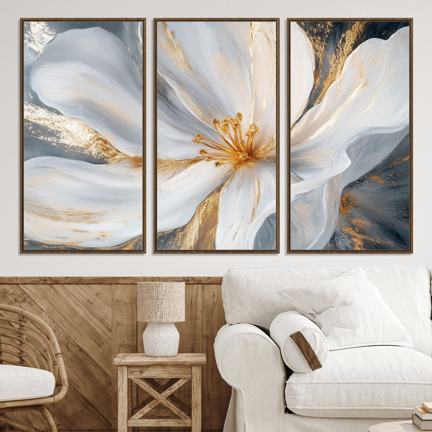 83149-MGV-CV-36X24-White and Gold Floral Canvas Wall Art - Framed and Ready to Hang - Perfect for Modern Living Rooms