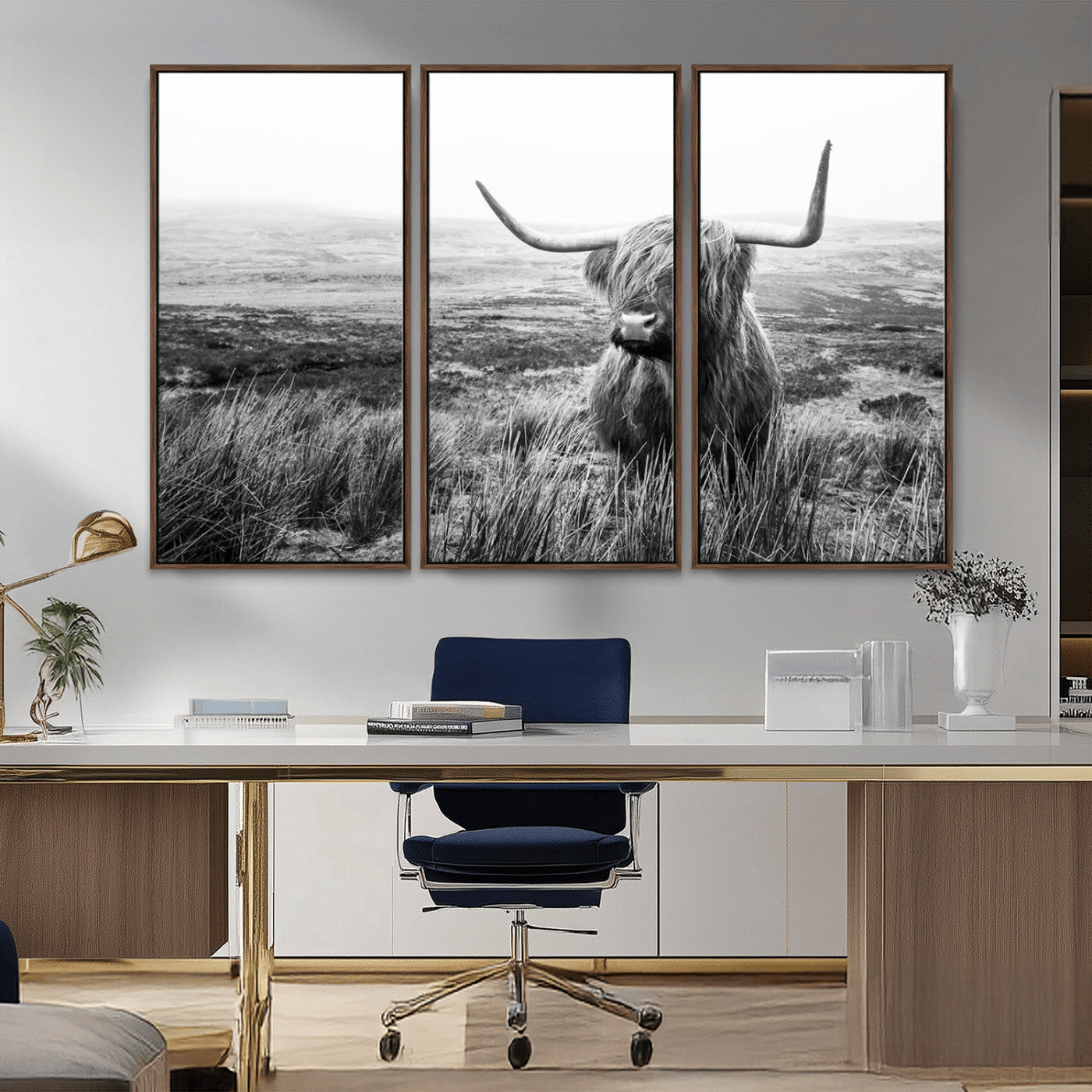 MGV-FC-48X32-3P - Scottish Highland Cow Wall Art | Black and White Canvas Print | Ready to Hang and Framed | Rustic