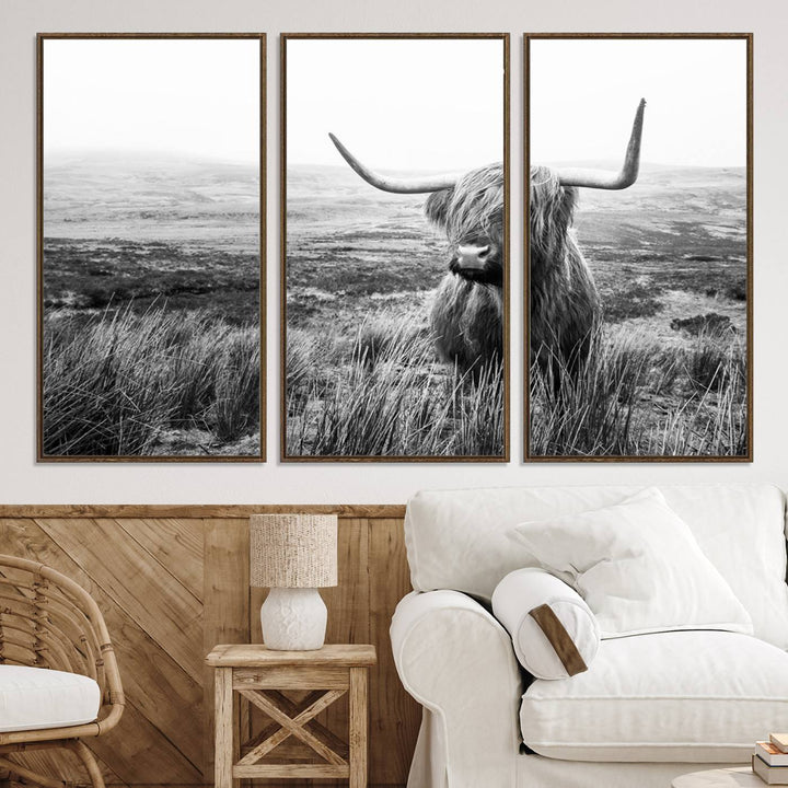 Scottish Highland Cow Wall Art | Black and White Canvas Print | Ready to Hang and Framed | Rustic Farmhouse Wall Decor for Living Room or