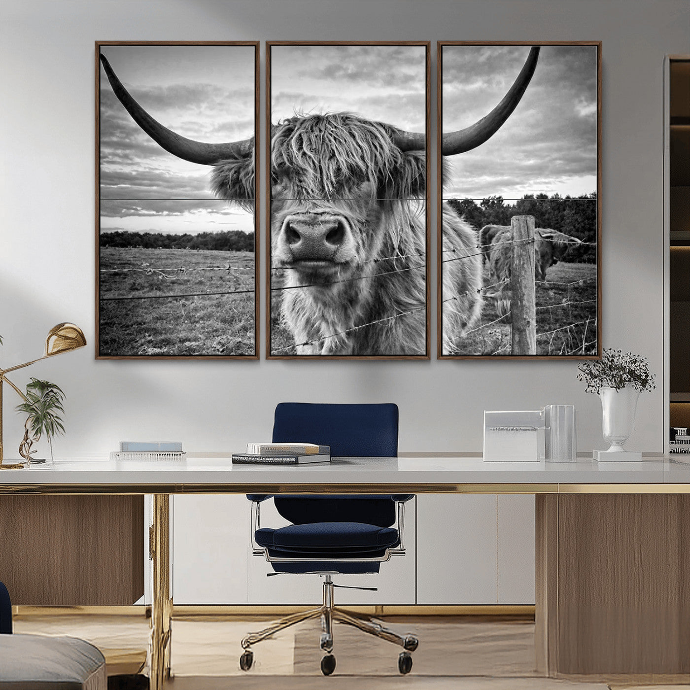 MGV-FC-48X32-3P - Scottish Highland Cow Wall Art Canvas Print | Ready to Hang and Framed | Rustic Farmhouse Decor