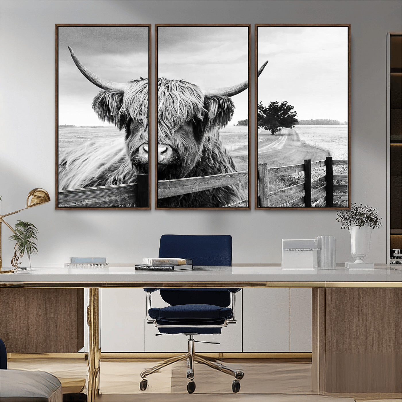 MGV-FC-48X32-3P - Scottish Highland Cow Wall Art | Rustic Farmhouse Décor | Black and White Ready to Hang Canvas Print