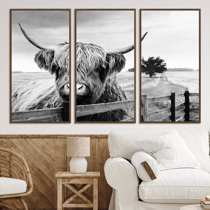 Scottish Highland Cow Wall Art | Rustic Farmhouse Décor | Black and White Ready to Hang Canvas Print