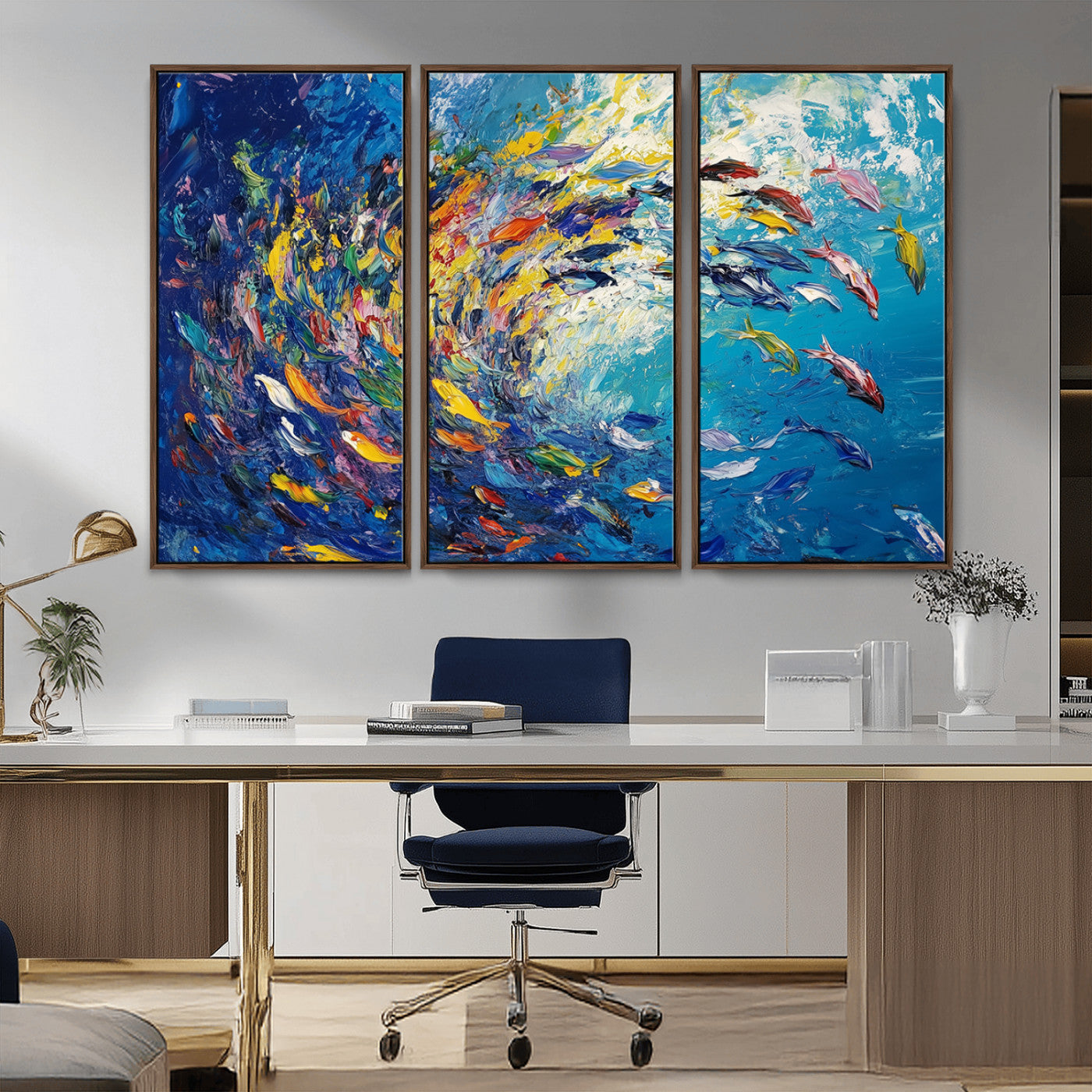 MGV-FC-48X32-3P - Colorful Swirling Fish School Wall Art Canvas Print | Oceanic Abstract Painting | Ready to Hang |