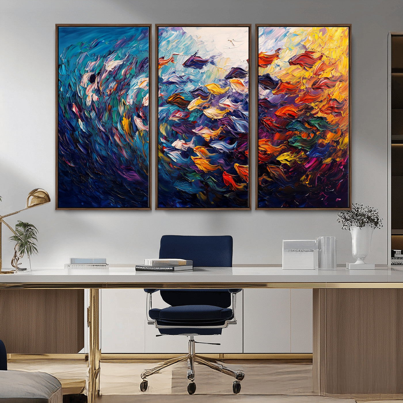 MGV-FC-48X32-3P - Vibrant Abstract Fish Swarm Art – Colorful Fish Inspired 3-Piece Canvas Wall Art for Living Room or