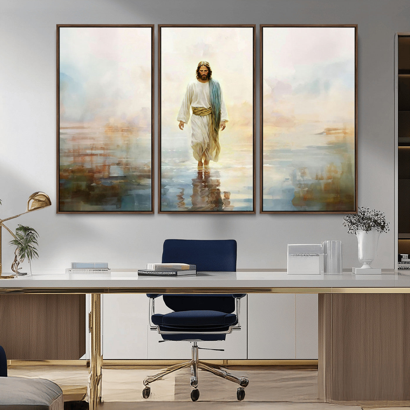 MGV-FC-48X32-3P - Framed Jesus Walking on Water Wall Art - 3-Panel Christian Canvas Prints, Religious Artwork for