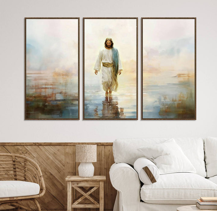 The 3-panel Framed Jesus Walking on Water Wall Art showcases a serene religious scene.