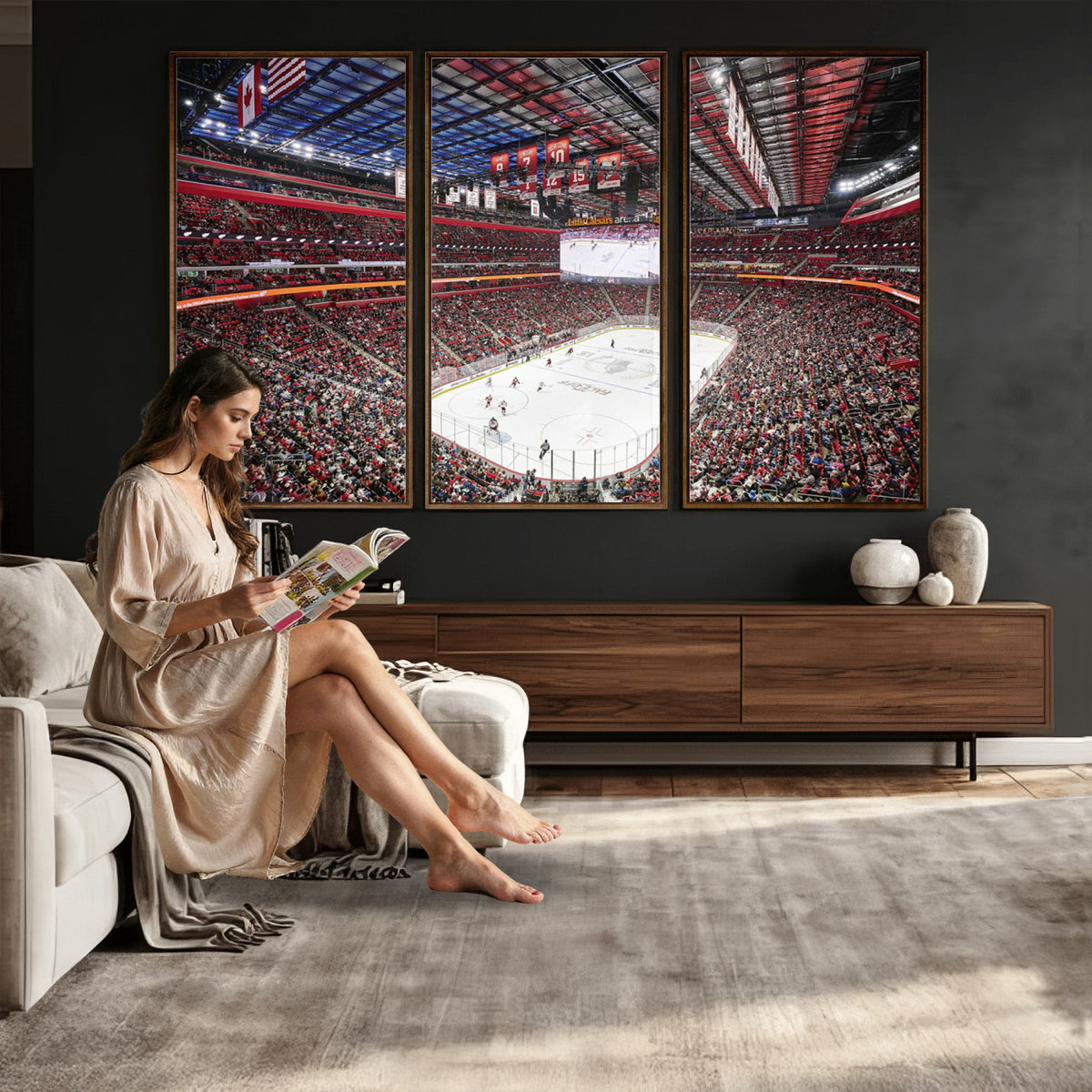 62263-MGV-CV-36X24 - Barton Malow Little Caesars Arena Detroit Wall Art Canvas Print - Detroit Hockey and Basketball