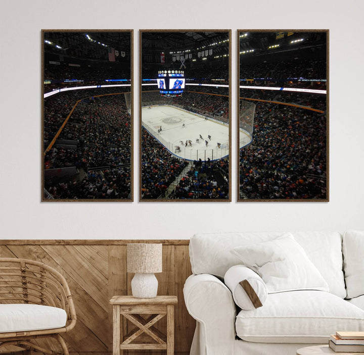 The wall art captures the essence of a Buffalo Sabres game on ice at KeyBank Center, making it deserving of a premium canvas print.