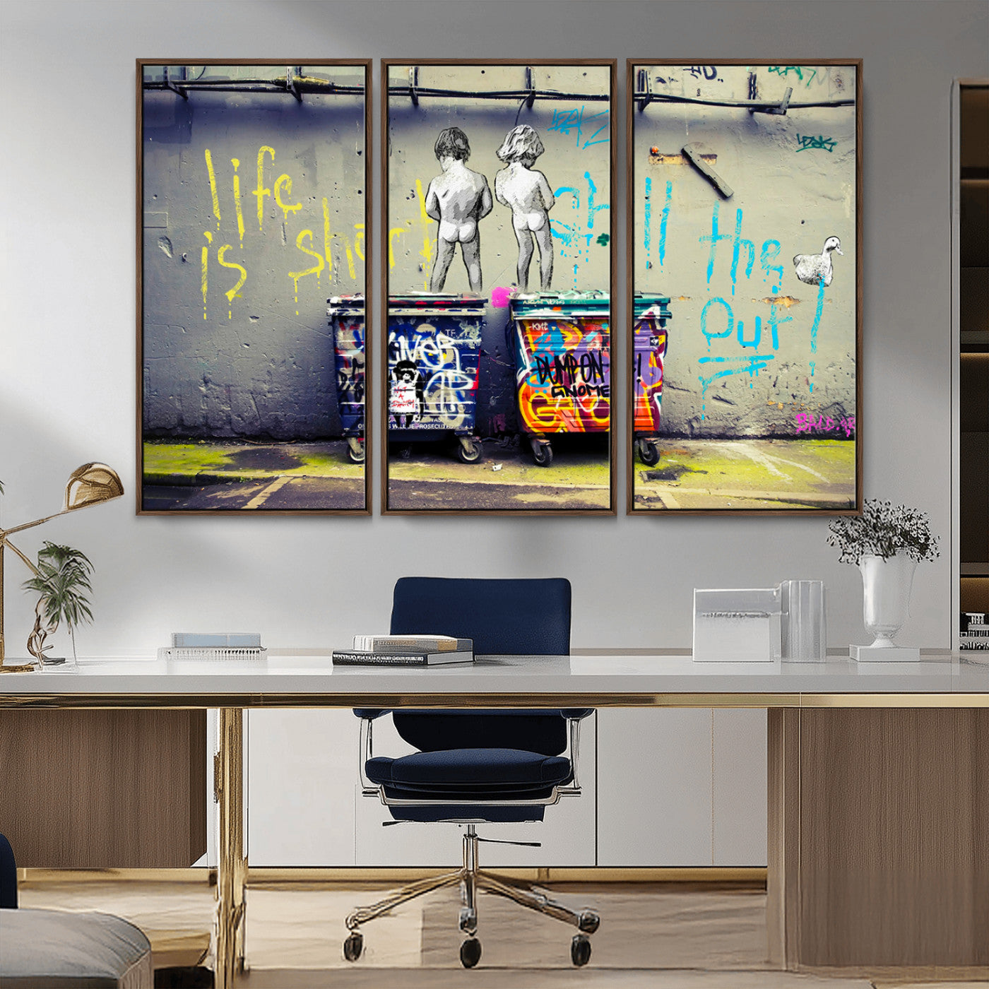 MGV-FC-48X32-3P - Banksy Life is Short Wall Art - Iconic Graffiti Art on Framed Ready-to-Hang Canvas - Street Art