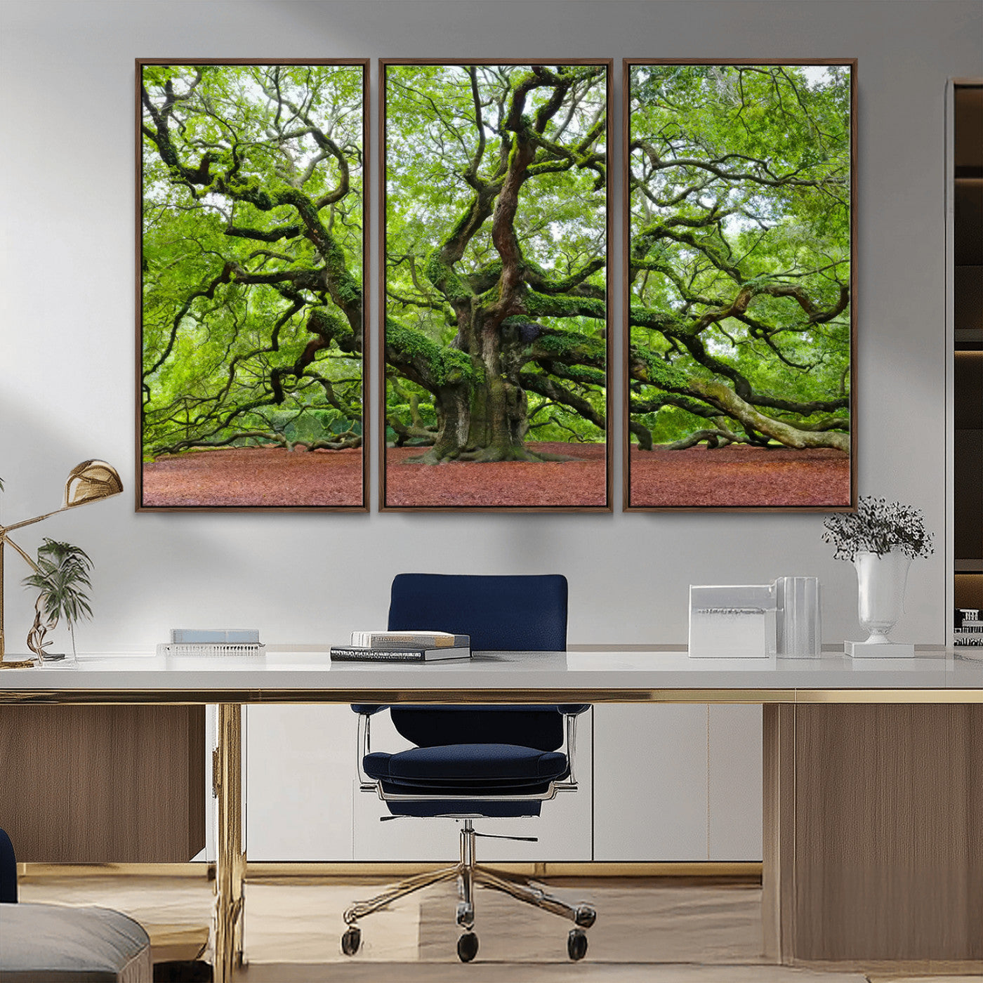 MGV-FC-48X32-3P - Framed Angel Oak Tree Wall Art - 3-Panel Canvas Prints, Large Green Nature Artwork, Ready to Hang