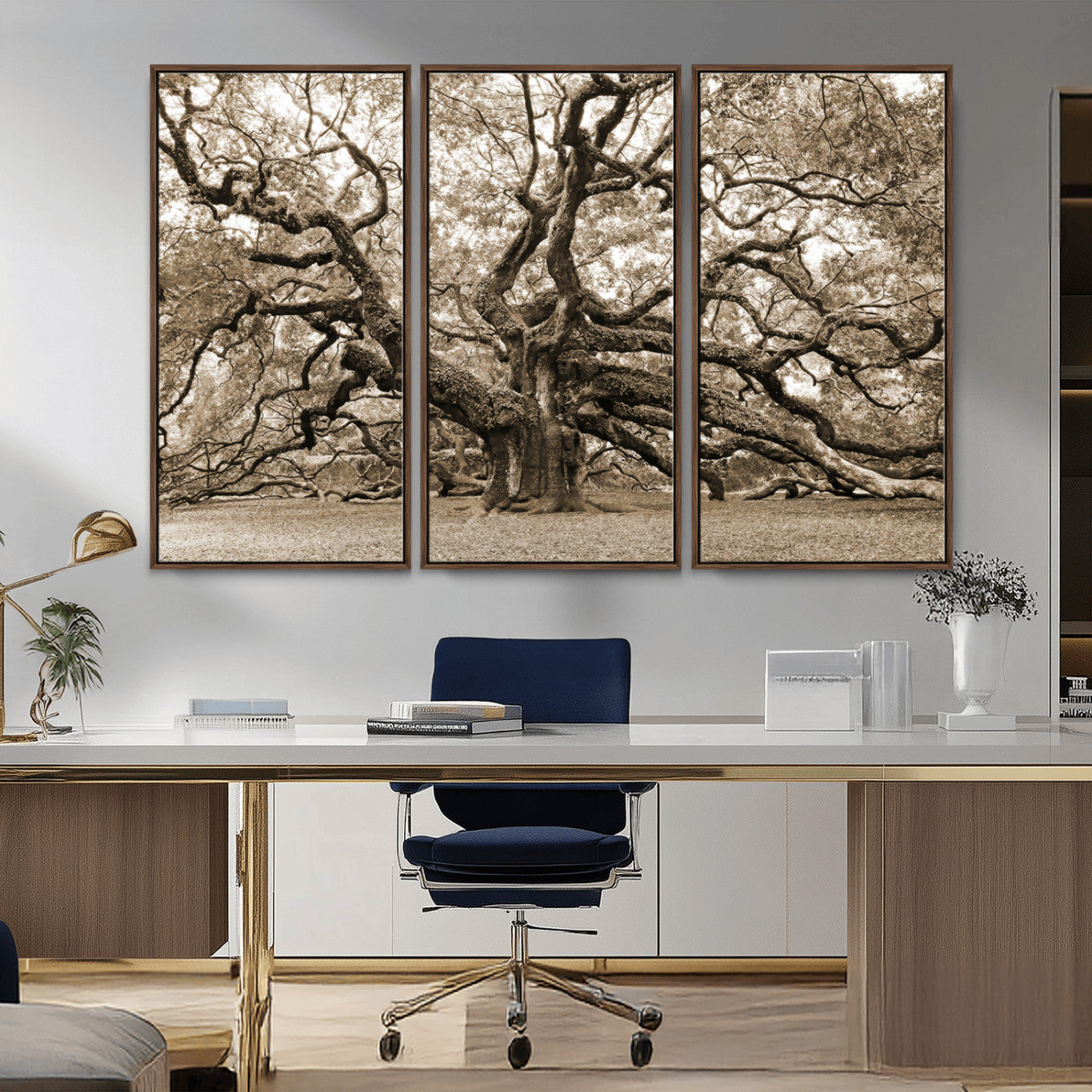 51126-MGV-CV-36X24-Sepia Framed Angel Oak Tree Wall Art - 3-Panel Canvas Prints, Large Green Nature Artwork, Ready to
