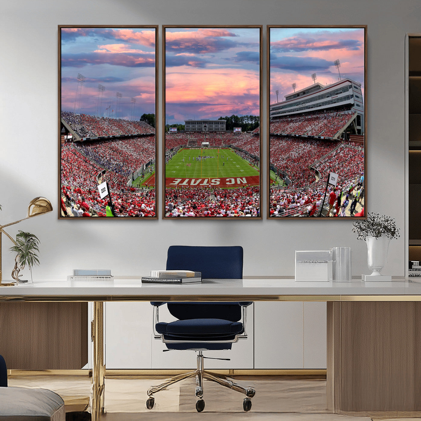 MGV-FC-48X32-3P - Carter-Finley Stadium Art Sunset Game Triple Canvas Wall Art - NC State Wolfpack Football Match