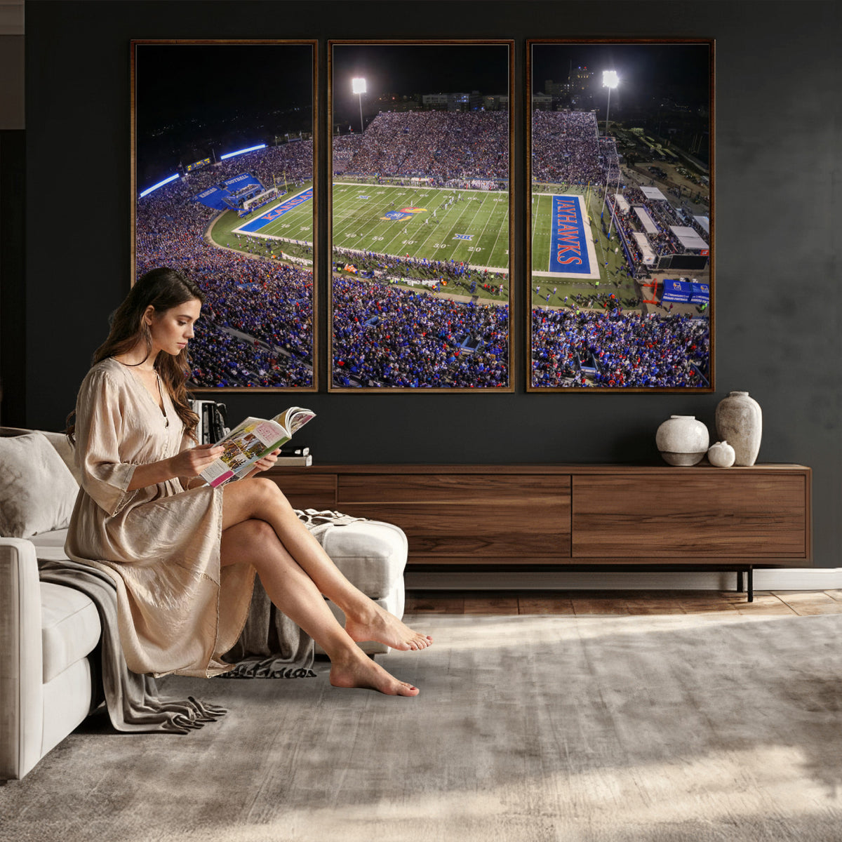 69760-MGV-CV-36X24 - University of Kansas Jayhawks Football Team Print - Lawrence Kansas Memorial Stadium Wall Art Canvas
