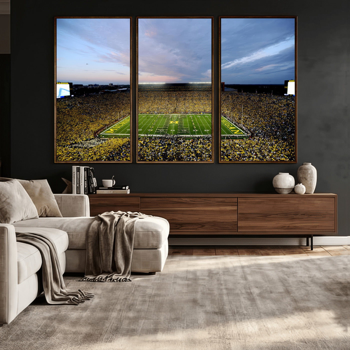 82641-MGV-CV-36X24 - Michigan Stadium Wall Art Canvas Print, Vibrant Game Day Crowd and Sunset Sky Football Field Artwork for Home, Office
