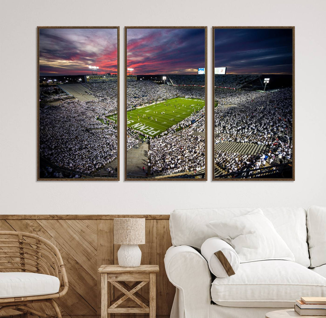 A sunset print on a canvas wall art piece captures the scene of white-clad fans at Beaver Stadium for the Nittany Lions game.