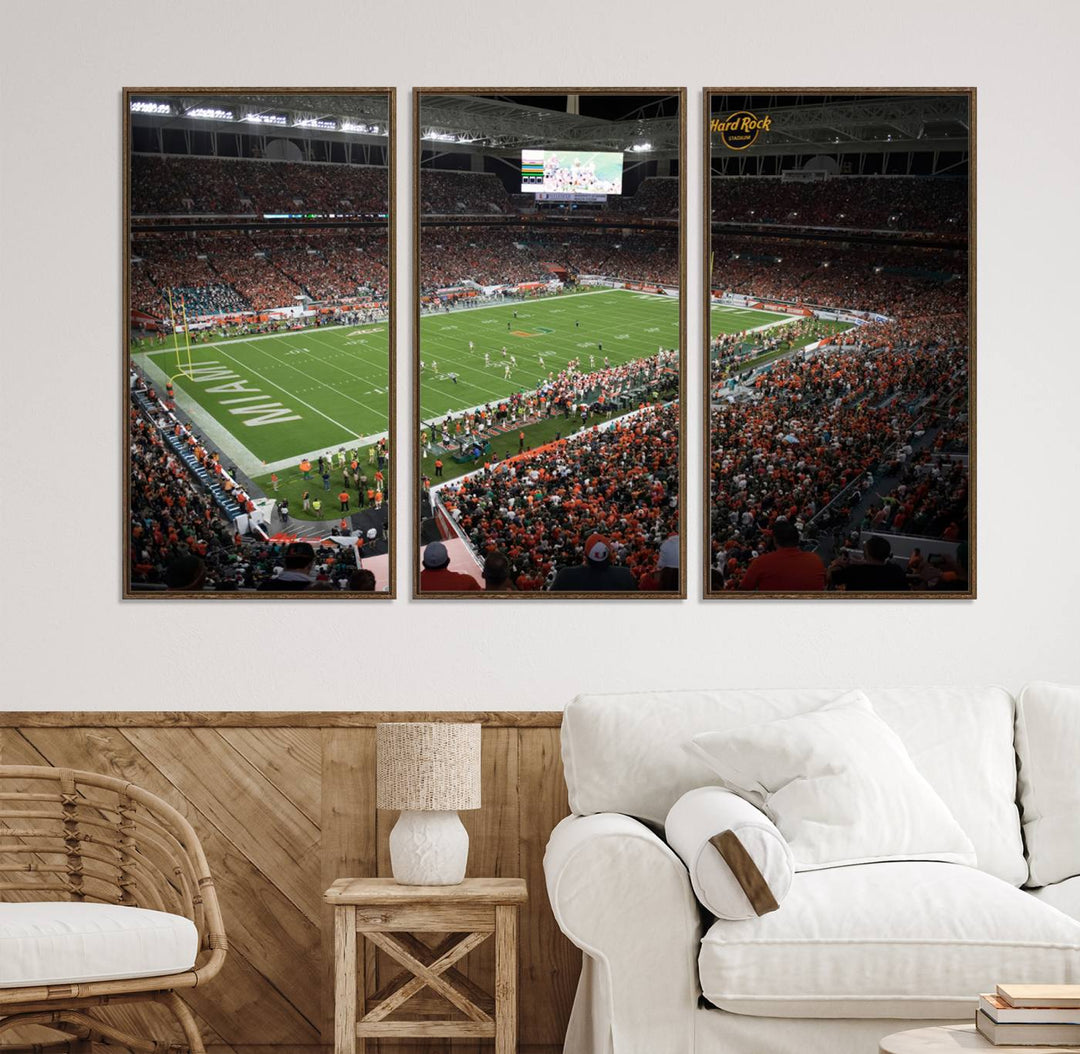 Aerial view of a Miami Hurricanes game at Hard Rock Stadium captured on canvas print, showcasing the teams on the field and fans in the stands.