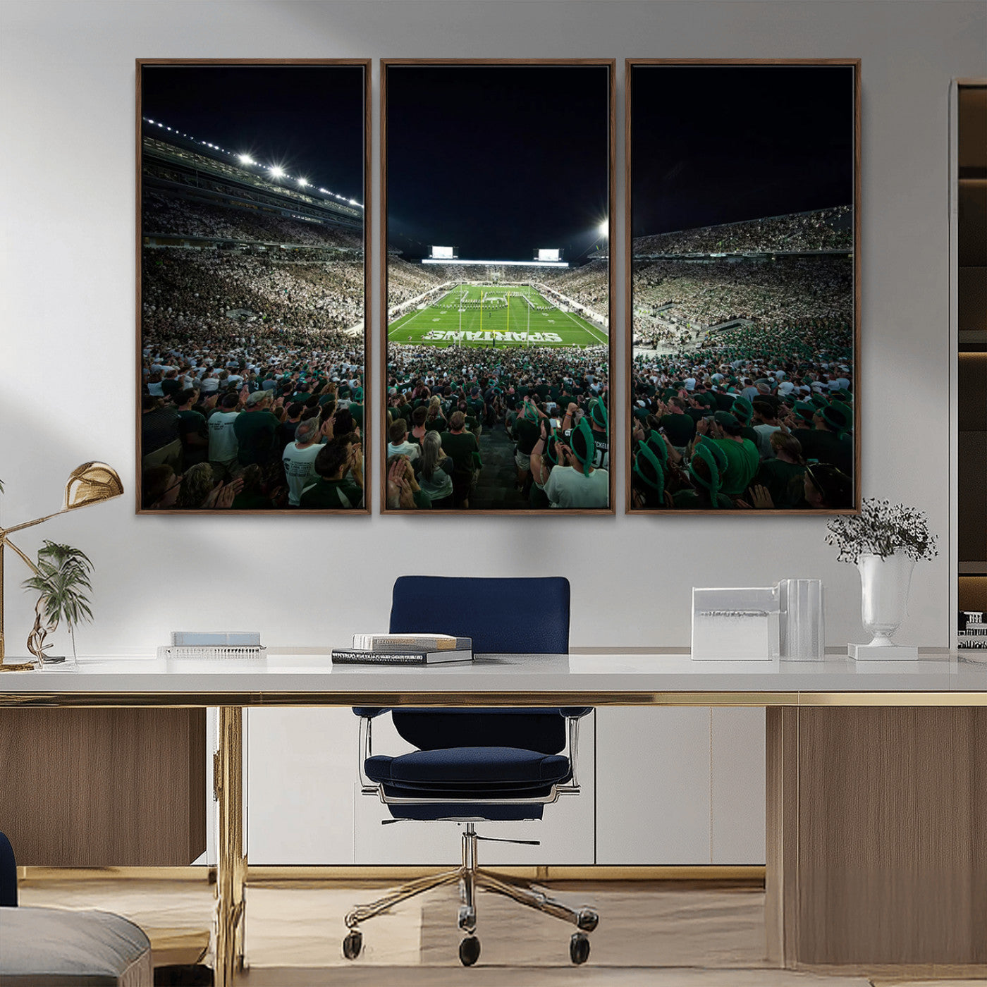 MGV-FC-48X32-3P - Framed Michigan State Spartans Football Team Print - East Lansing Spartan Stadium Wall Art Canvas