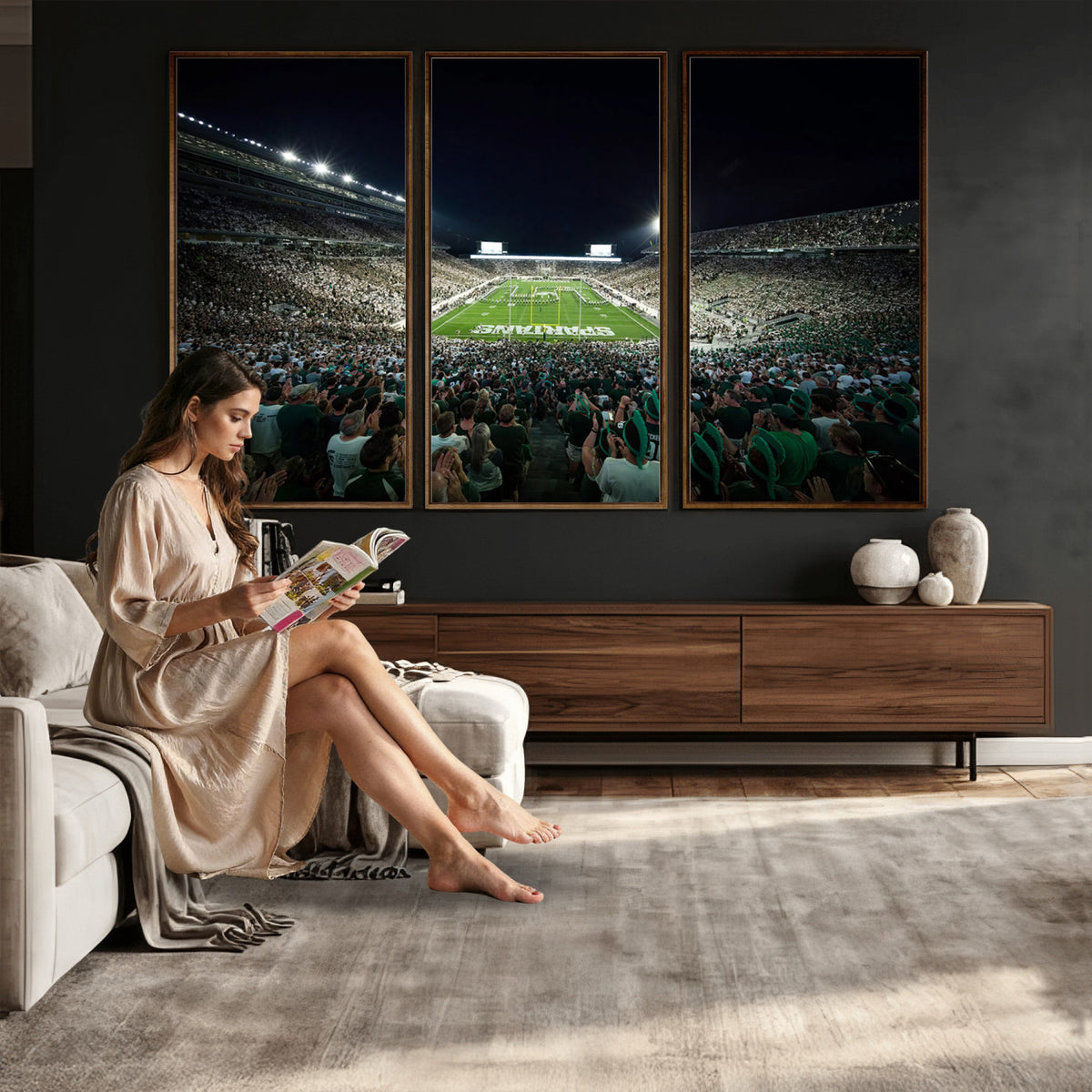 57523-PAN-FL-20X10 - Framed Michigan State Spartans Football Team Print - East Lansing Spartan Stadium Wall Art Canvas