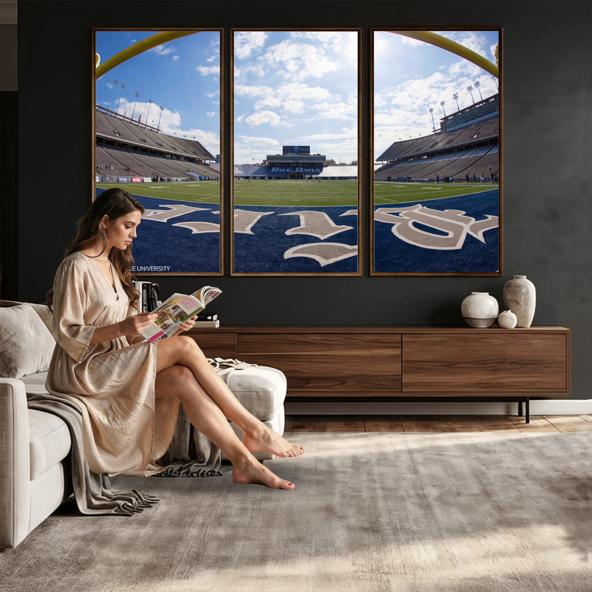 50267-MGV-CV-36X24 - Rice University Owls Football Team Print, Houston Rice Stadium, Framed and Ready to Hang