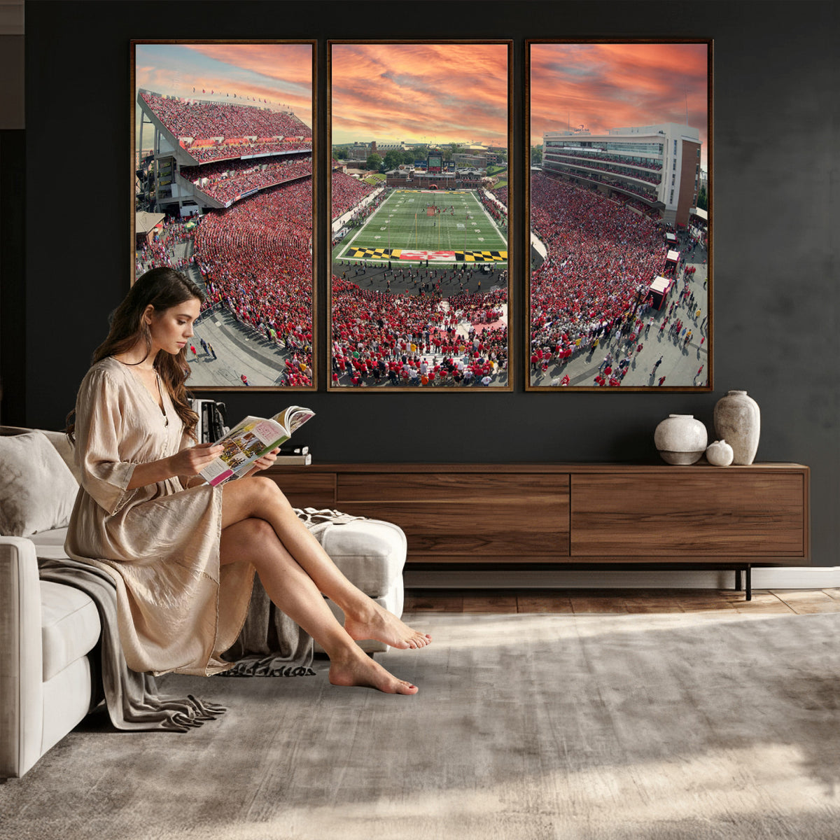 24140-PAN-FL-20X10 - University of Maryland Terrapins Football Team Print - College Park SECU Stadium Wall Art Canvas