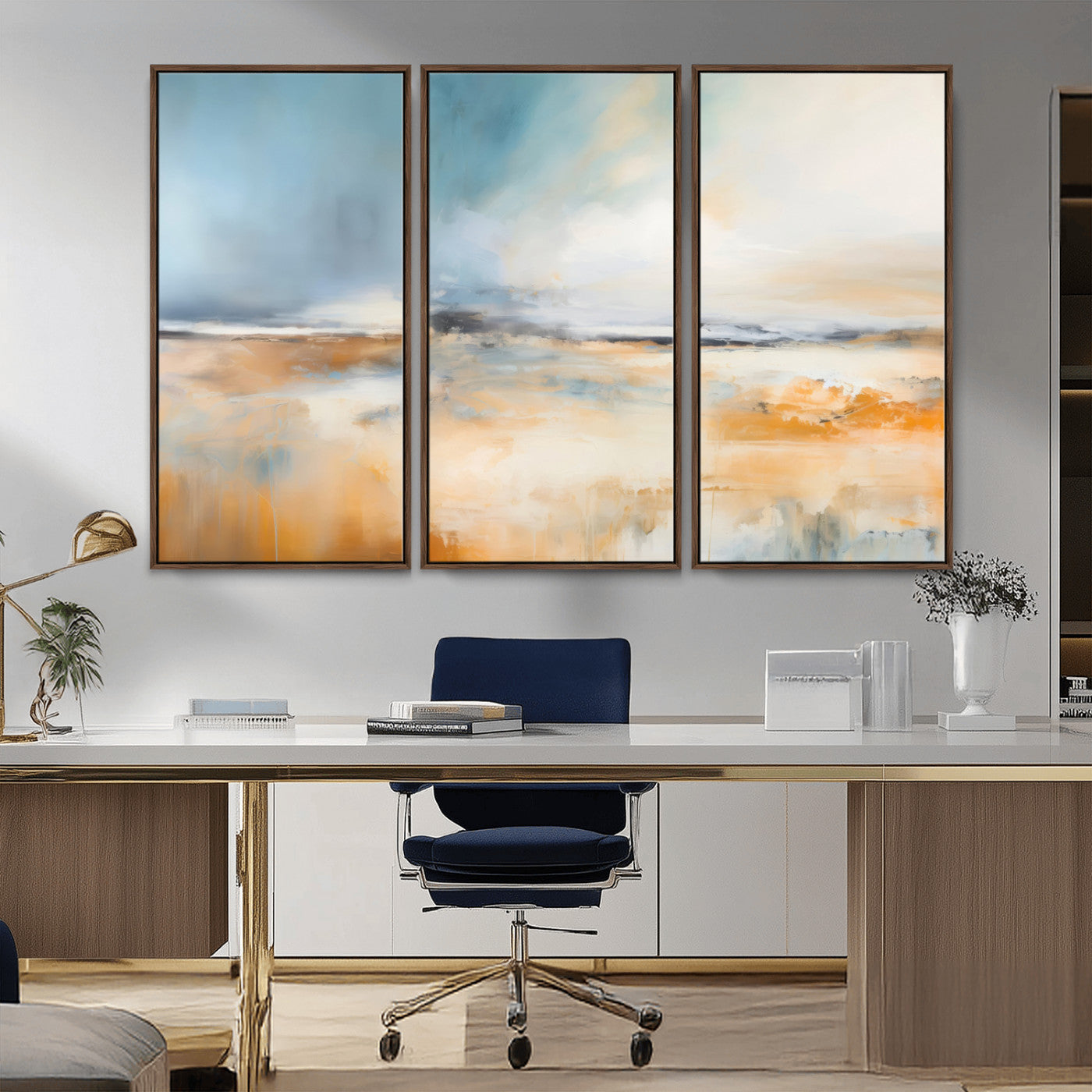 -Abstract Landscape Wall Art Canvas Print - Warm Tones of Orange and Blue, Modern Framed Art for Home
