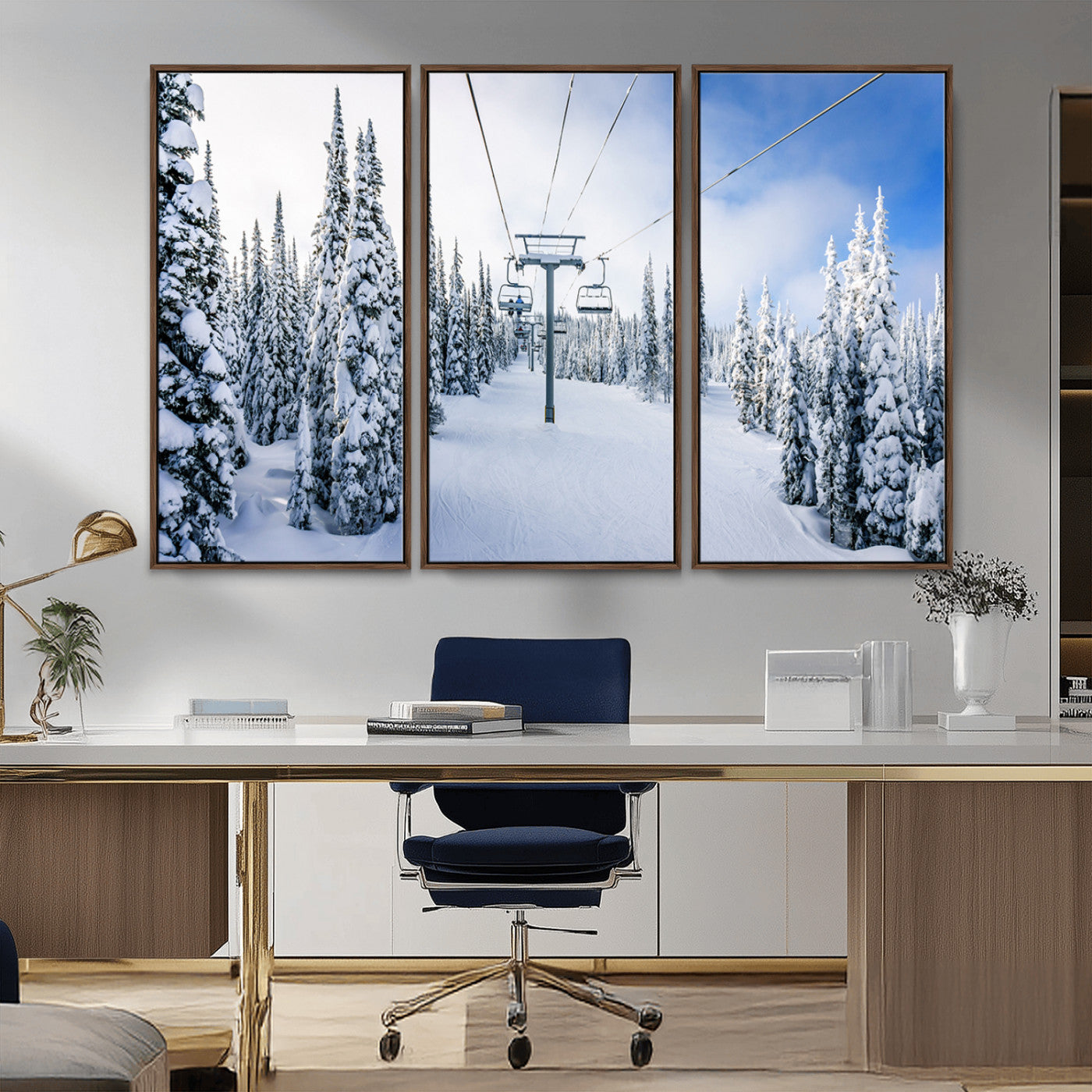 MGV-FC-48X32-3P - Winter Ski Lift Wall Art Print - Landscape Wall Art | Snowy Mountain Adventure | Perfect for Cabin