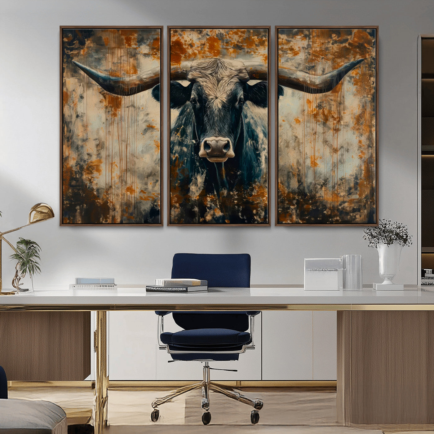 MGV-FC-48X32-3P - Abstract Longhorn Bull Wall Art | Rustic Western Wall Decor | Framed and Ready to Hang | Ideal for