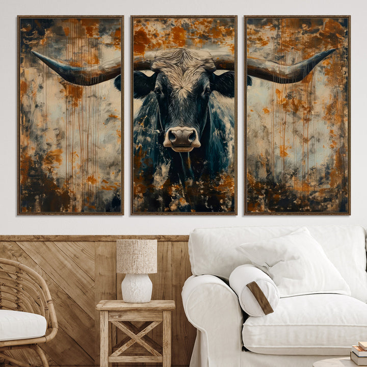 Abstract Longhorn Bull Wall Art | Rustic Western Wall Decor | Framed and Ready to Hang | Ideal for Farmhouse, Lodge, and Barn Decor