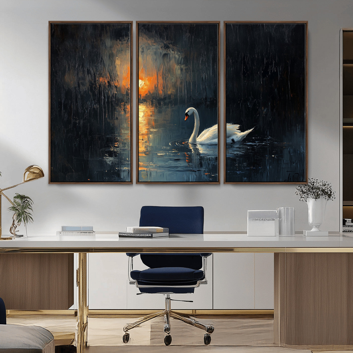 MGV-FC-48X32-3P - Abstract Swan on Water Wall Art Canvas Print - Elegant Nature Scene for Modern Home Decor