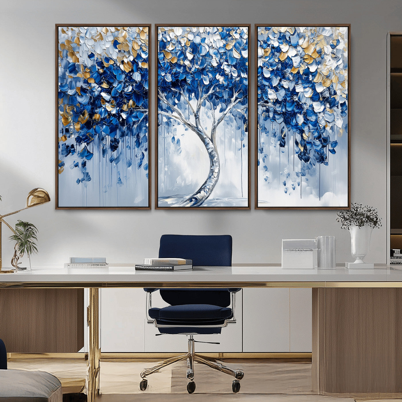 MGV-FC-48X32-3P - Blue and Gold Abstract Tree Wall Art Canvas Print | Modern Tree of Life Painting | Framed Canvas