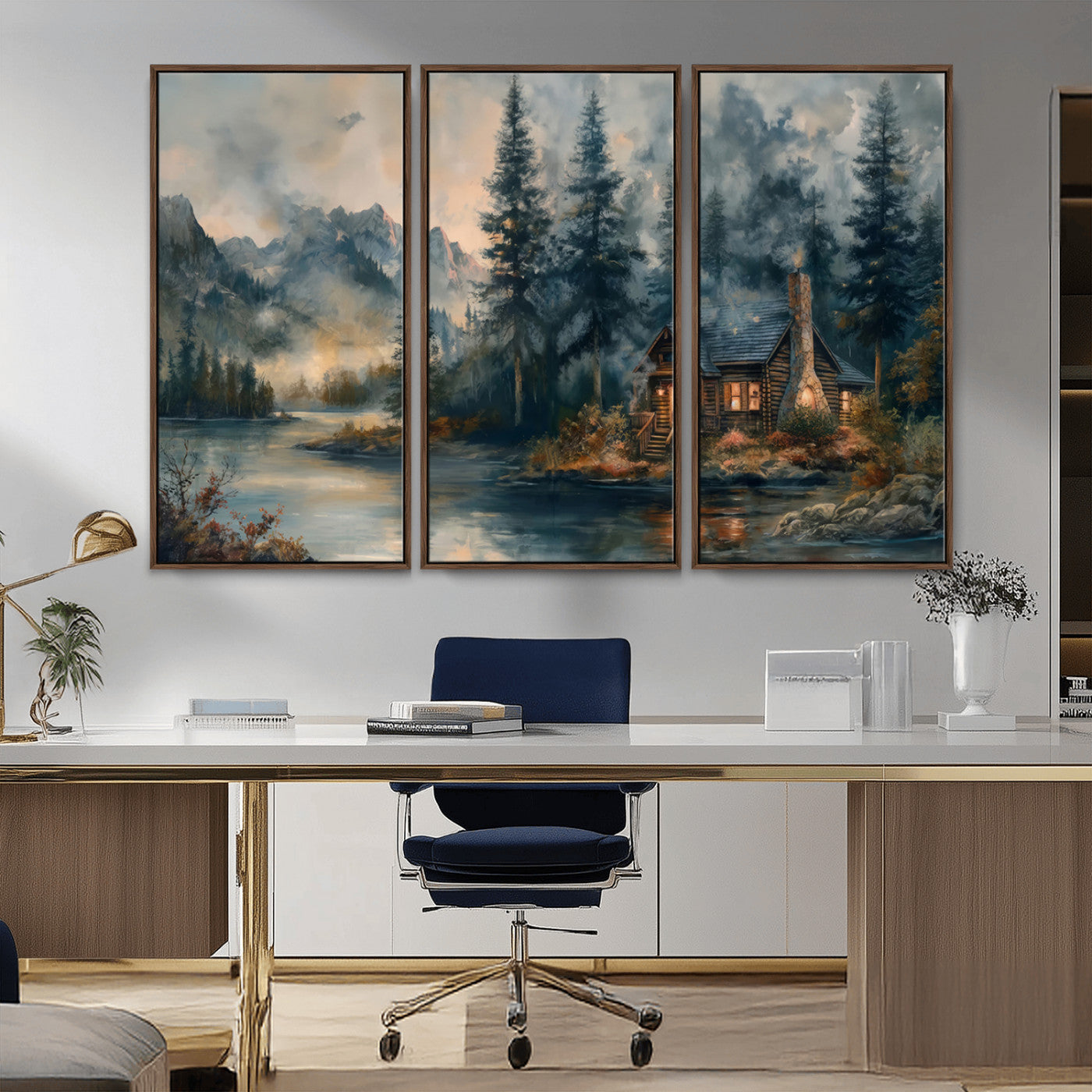 MGV-FC-48X32-3P - Rustic Cabin Woods Wall Art Print | Lake in a Forest Canvas Print | Cabin, Lodge, and Farmhouse