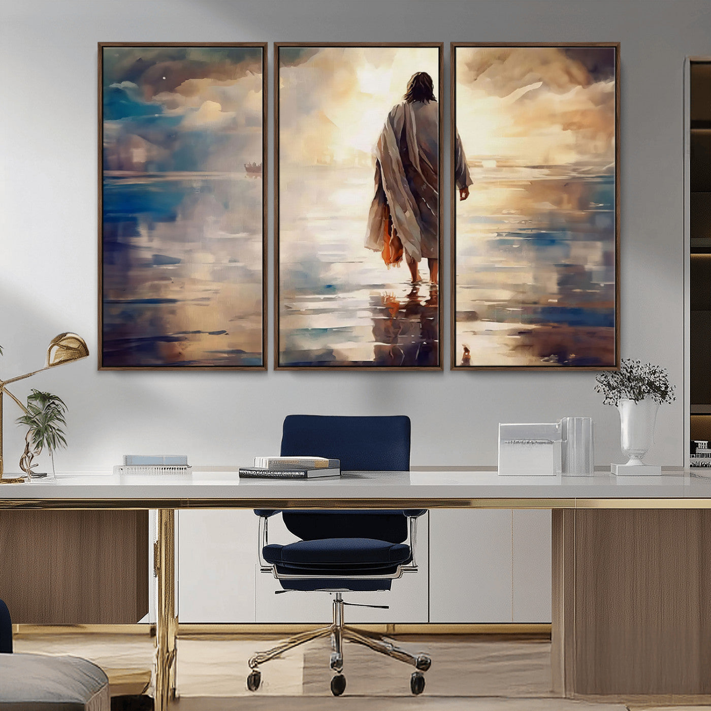 MGV-FC-48X32-3P - Jesus Walking on Water Wall Art | Ready to Hang Spiritual Triptych Canvas Print | Inspirational