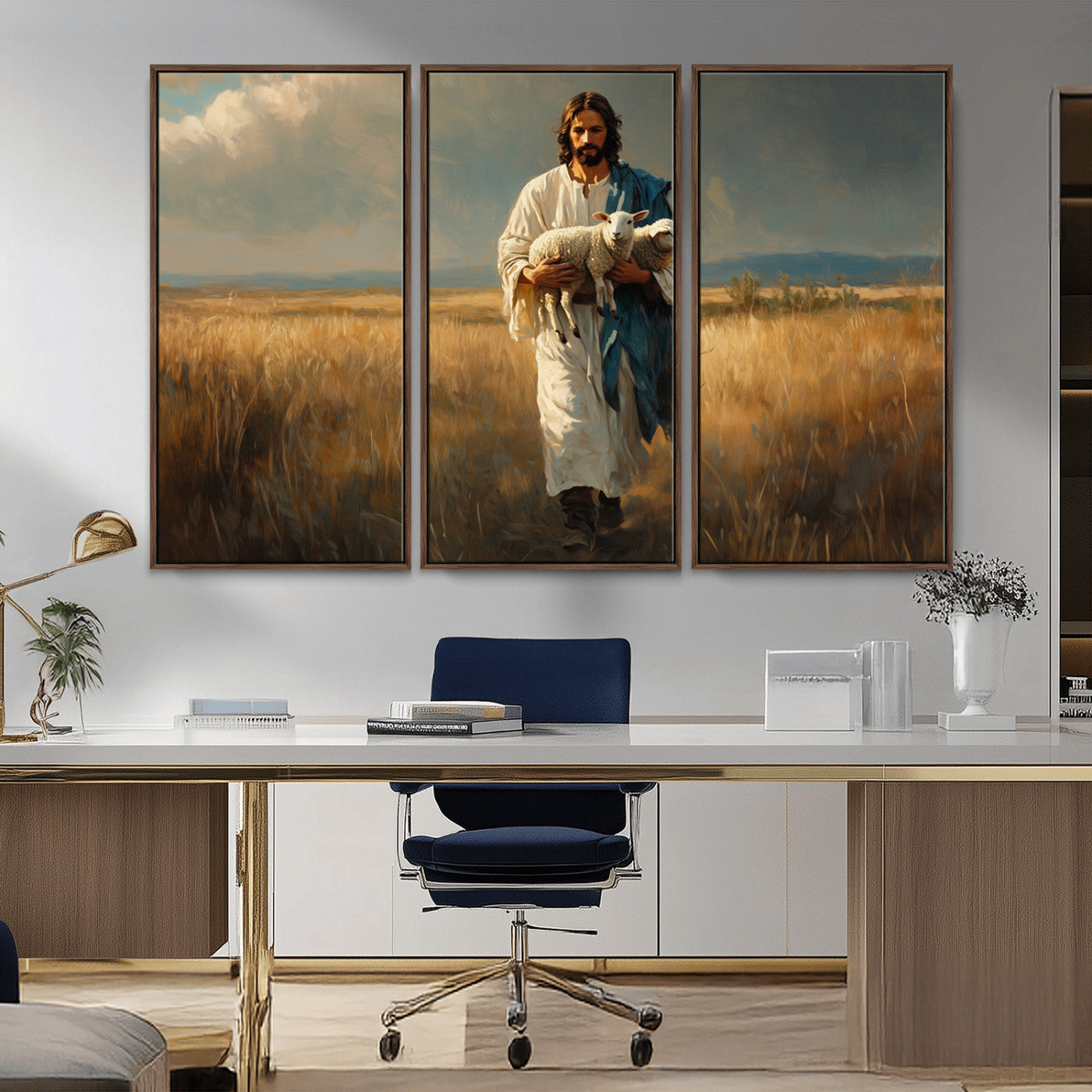 MGV-FC-48X32-3P - Jesus Shepherd Wall Art | Ready to Hang Triptych Canvas of Jesus Holding a Lamb in a Field |