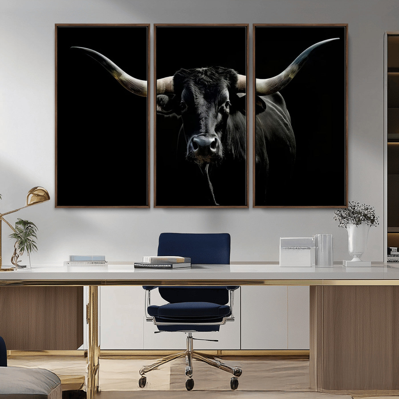 MGV-FC-48X32-3P - Texas Black Longhorn Bull Wall Art Canvas Print - Western Texas Cattle Rustic Decor Print - Longhorn