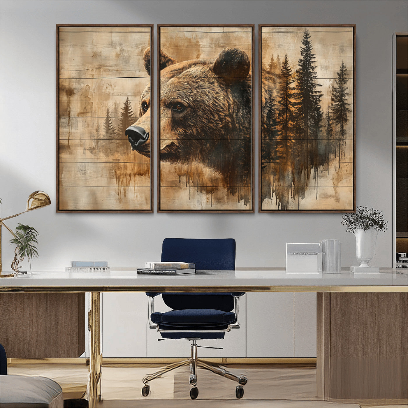 MGV-FC-48X32-3P - Rustic Grizzly Bear Wall Art, Abstract Grizzly 399 Bear Wall Art Canvas Print - Woodland Wildlife