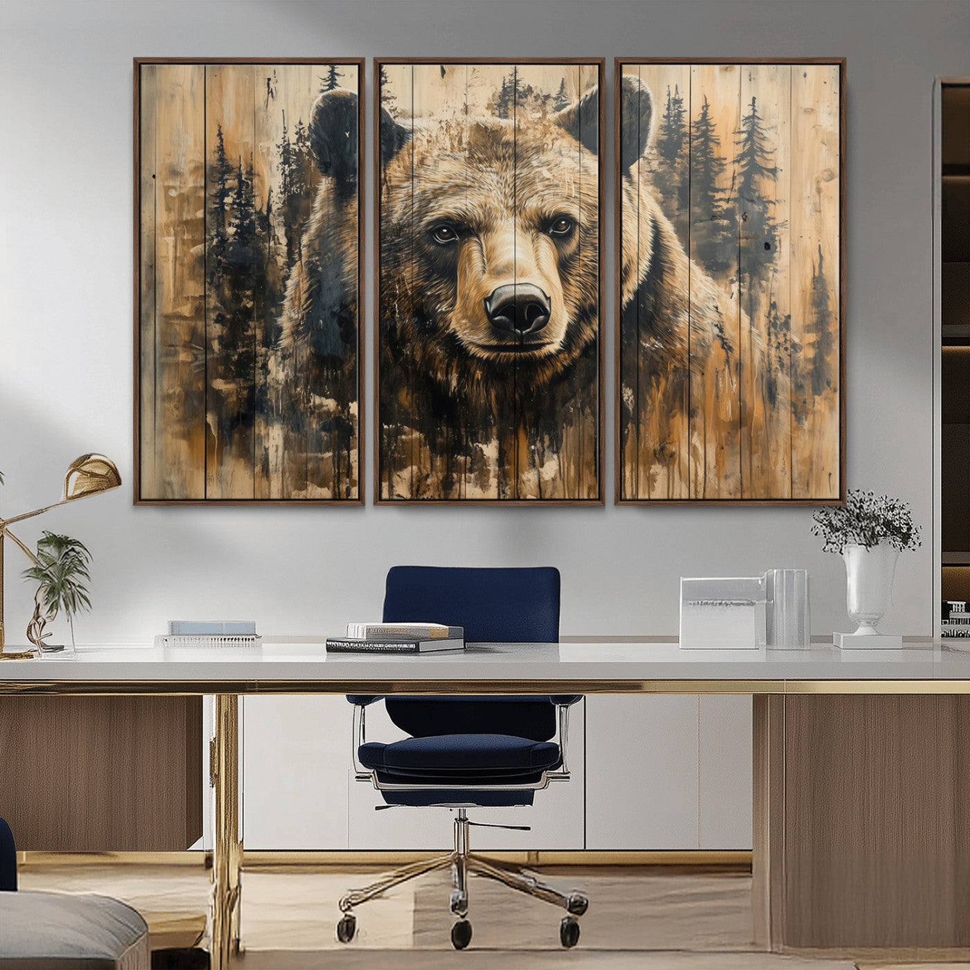 MGV-FC-48X32-3P - Majestic Grizzly 399 Bear Wall Art | 3-Panel Rustic Canvas Print for Living Room, Office, or Cabin