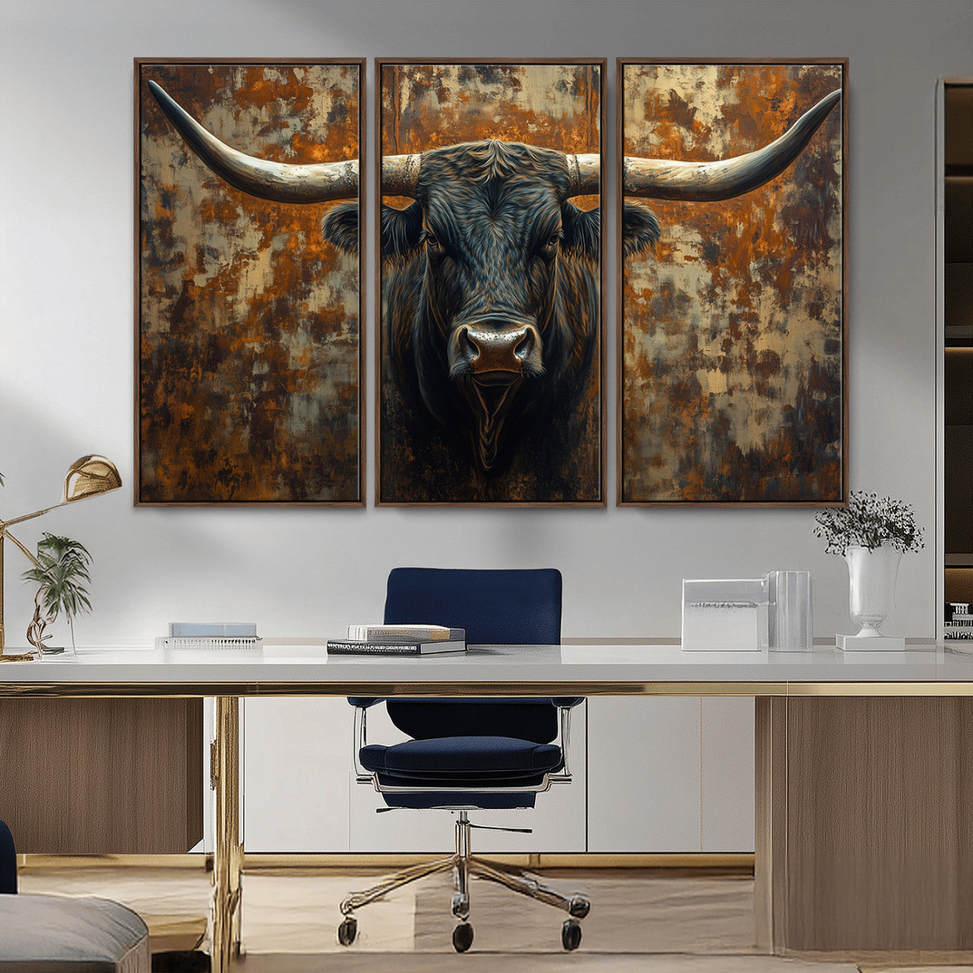 MGV-FC-48X32-3P - Longhorn Texas Cow Bull Wall Art | Rustic Farmhouse Canvas Print | Ready to Hang Barn Decor for