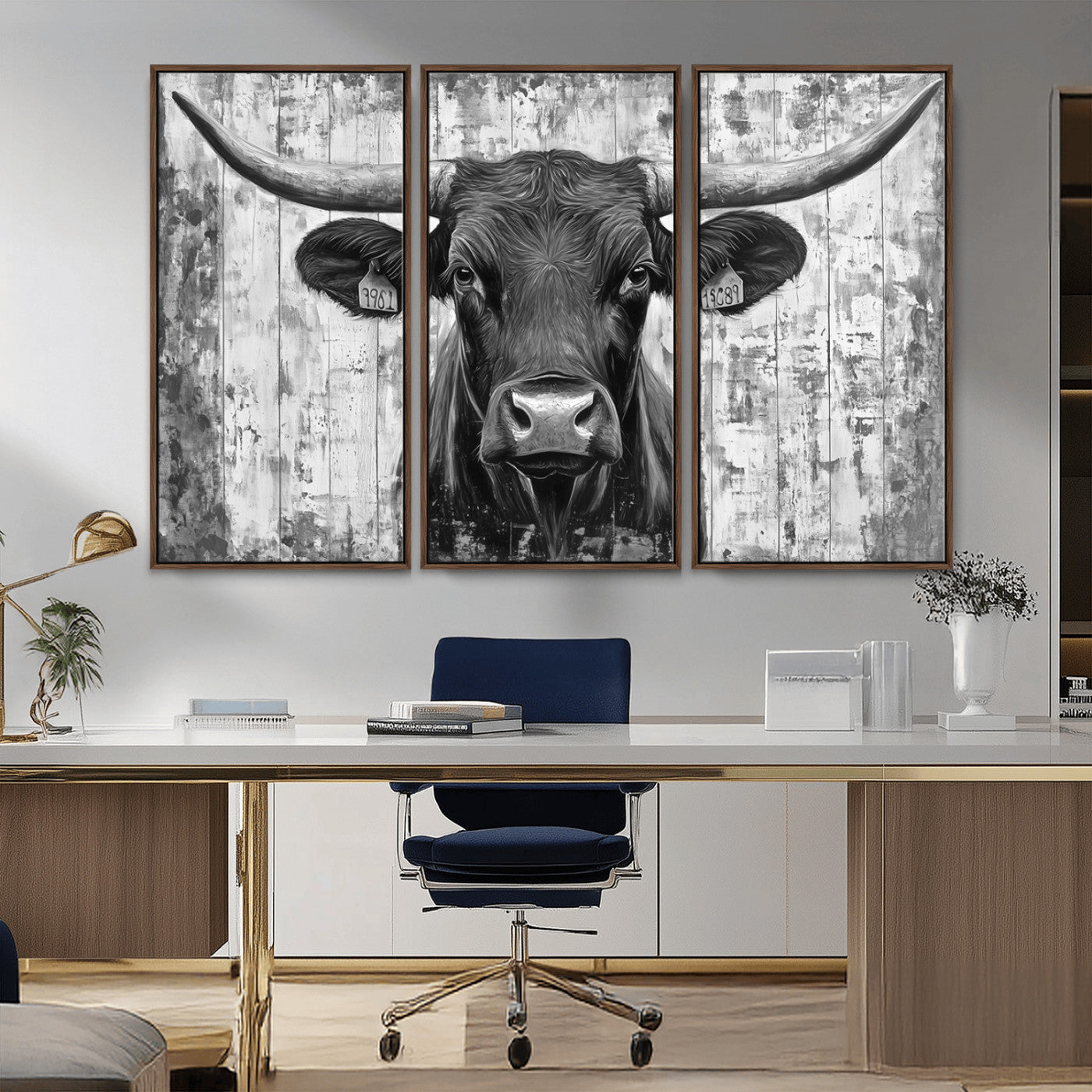 MGV-FC-48X32-3P - Abstract Longhorn Bull Wall Art Canvas Print - Rustic Texas Western Cow Artwork