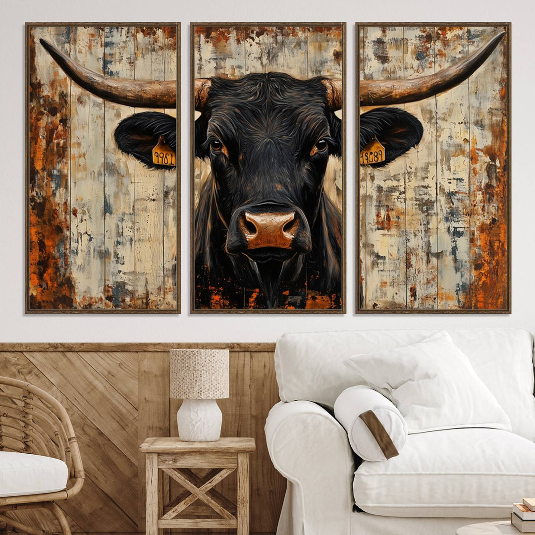 Rustic Texas Artwork Wall Art Canvas Print - Abstract Cow Longhorn Bull Wall Art Canvas Print