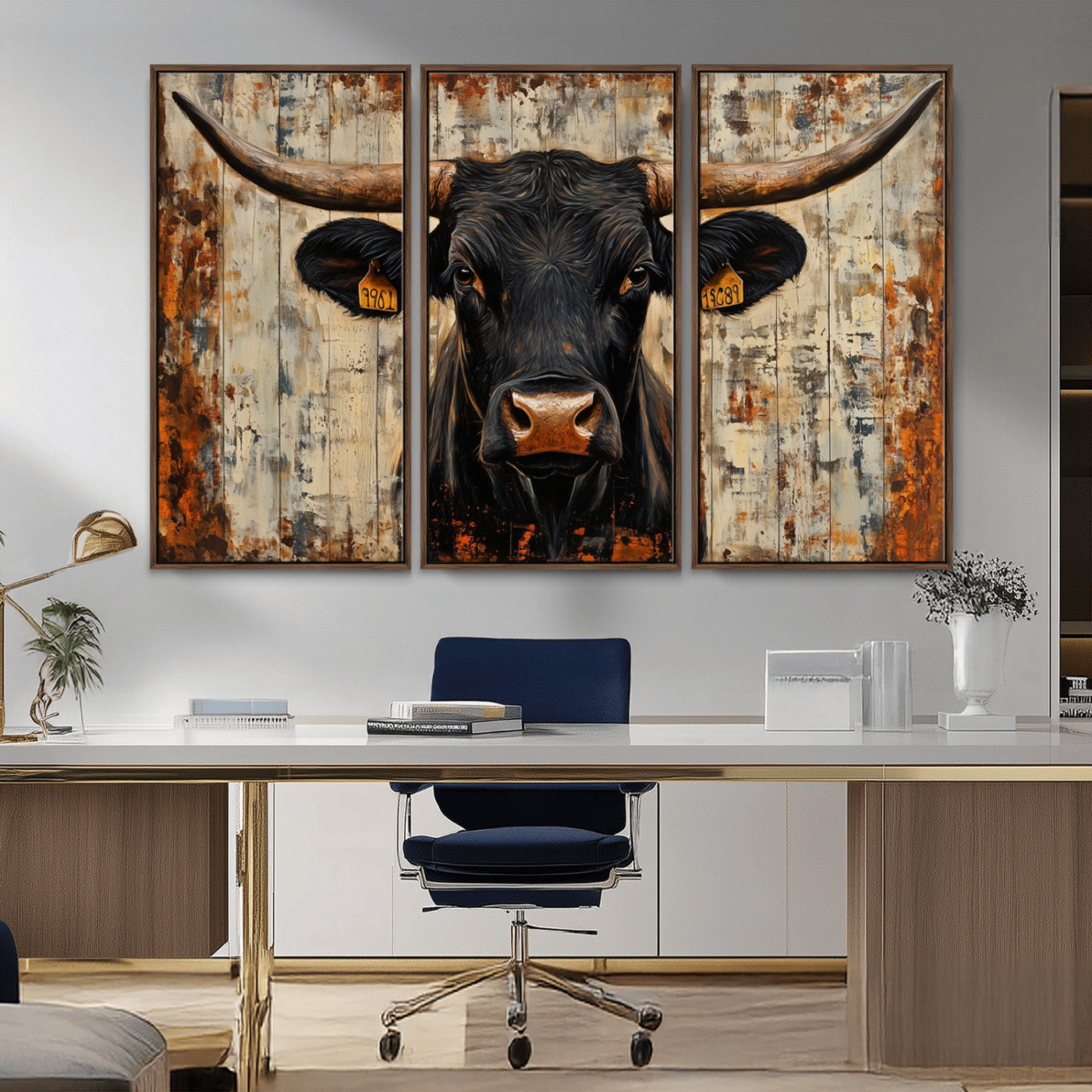 MGV-FC-48X32-3P - Rustic Texas Artwork Wall Art Canvas Print - Abstract Cow Longhorn Bull Wall Art Canvas Print