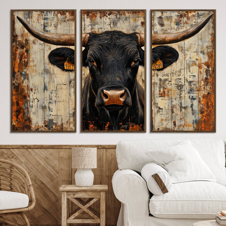 Rustic Texas Artwork Wall Art Canvas Print - Abstract Cow Longhorn Bull Wall Art Canvas Print