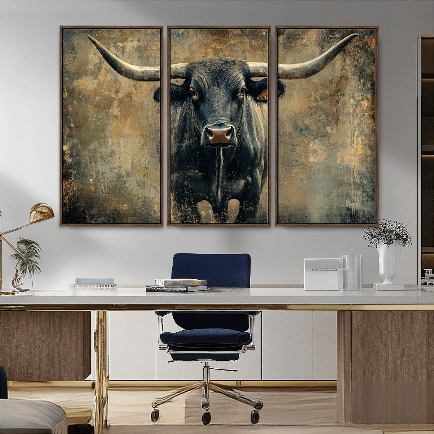MGV-FC-48X32-3P - Longhorn Bull Wall Art Canvas Print, Framed Rustic Cow Art Picture Print, Texas Longhorn Perfect Western Decor Artwork