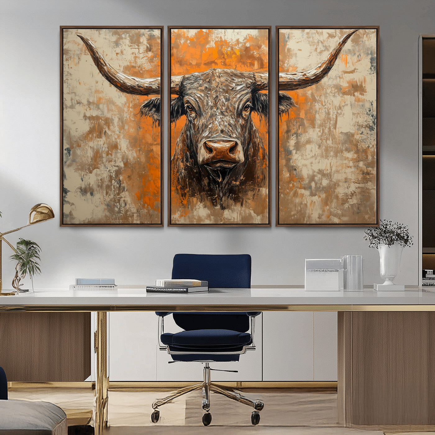MGV-FC-48X32-3P - Abstract Cow Longhorn Bull Wall Art Canvas Print - Rustic Texas Western Cattle Artwork